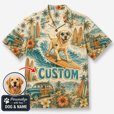 Custom Dog & Text Vintage Surf Hawaiian Shirt — Personalized Retro Beach Aloha