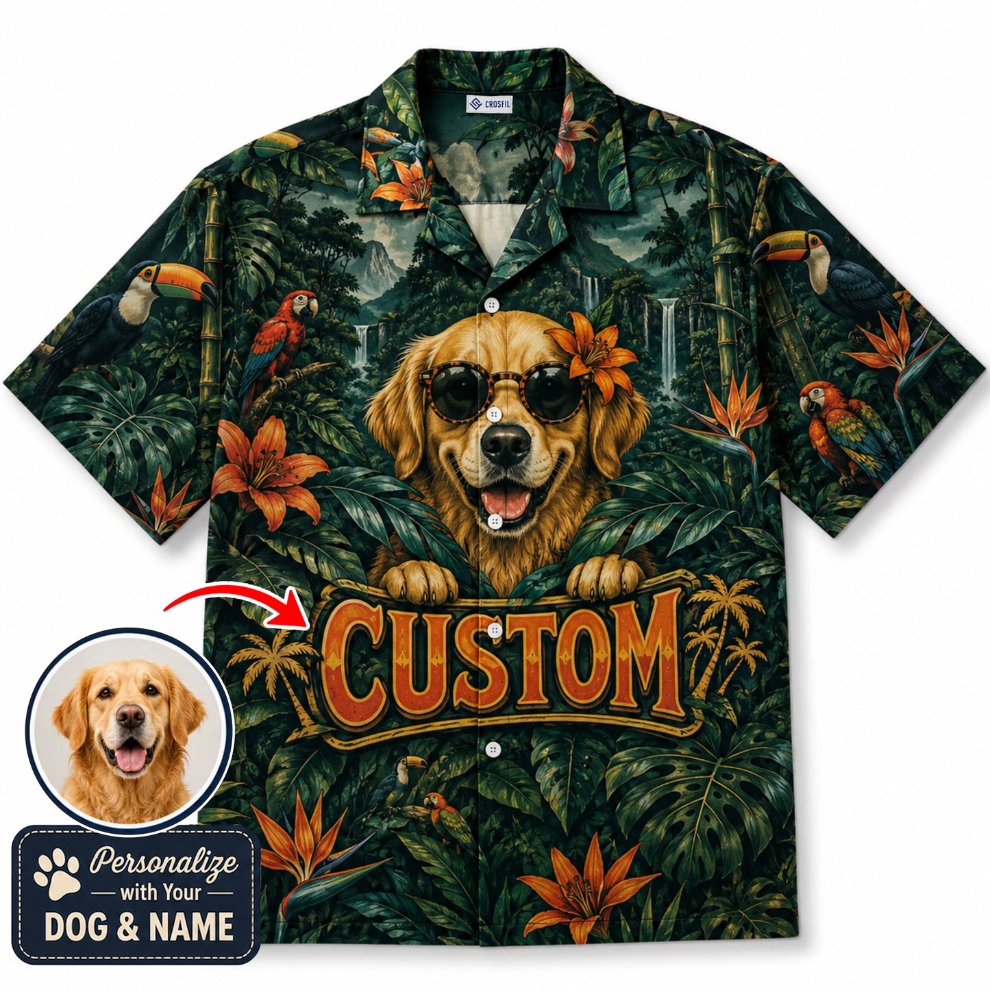 Custom Dog & Text Jungle Adventure Hawaiian Shirt — Personalized Tropical Rainforest Aloha