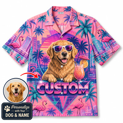 Custom Dog & Text Miami Vice Hawaiian Shirt — Personalized 80s Retro Vaporwave Aloha