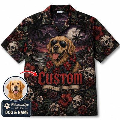 Custom Dog & Text Gothic Tropical Hawaiian Shirt — Personalized Skull Moonlight Dark Aloha