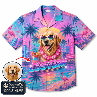 Custom Dog & Text Miami Beach Hawaiian Shirt — Personalized 80s Synthwave Flamingo Aloha