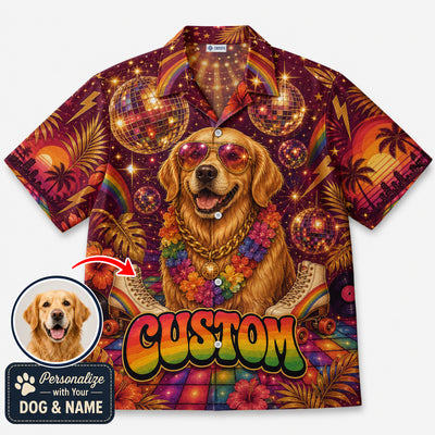 Custom Dog & Text Disco Hawaiian Shirt — Personalized 70s Groovy Roller Skate Aloha