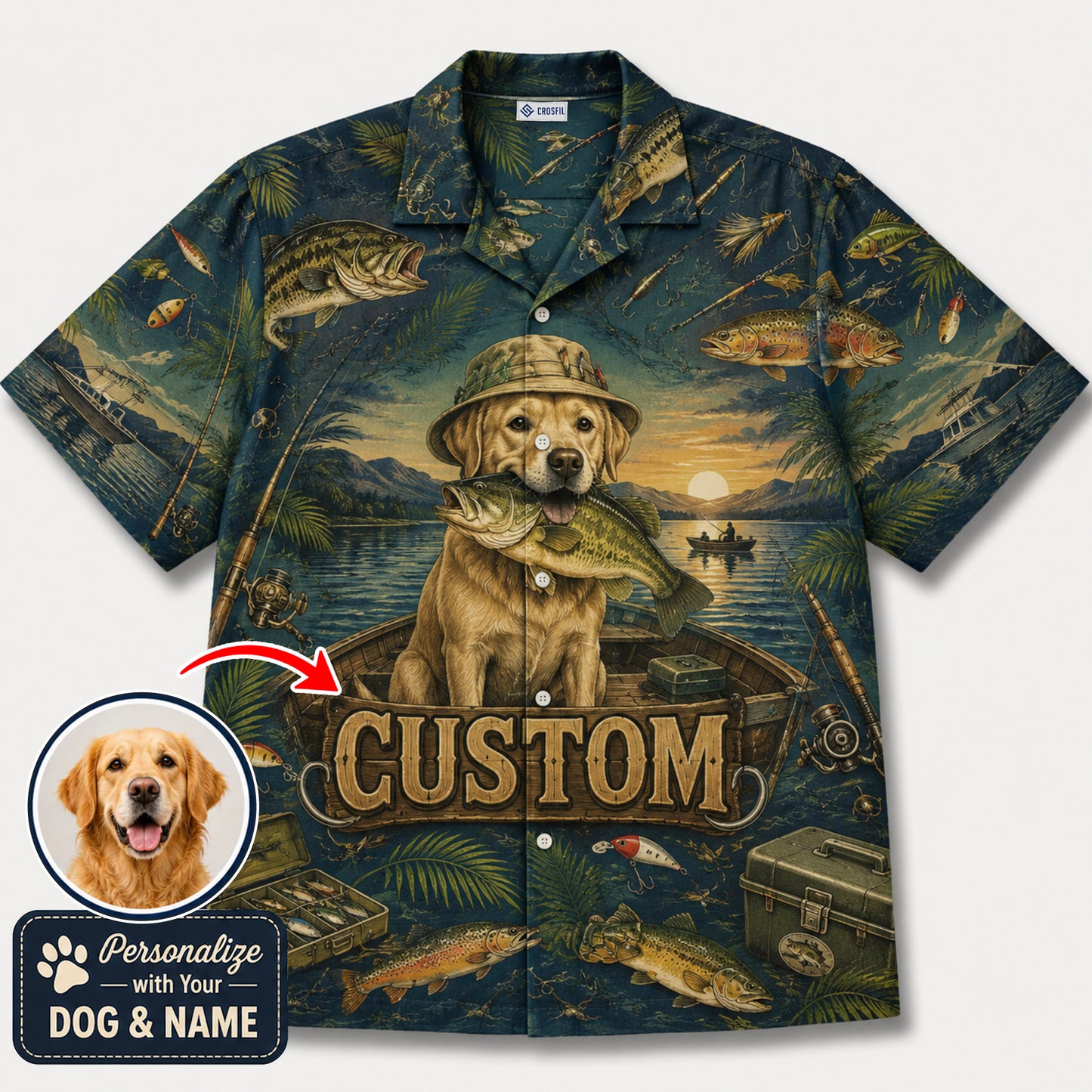 Custom Dog & Text Fishing Hawaiian Shirt — Personalized Lake Bass Angler Aloha