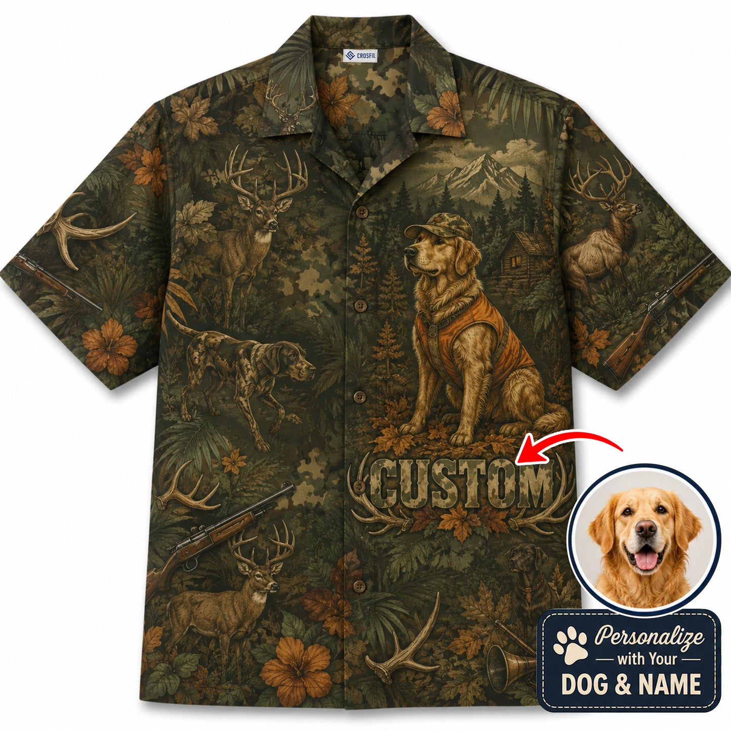 Custom Dog & Text Hunting Hawaiian Shirt — Personalized Camo Deer Forest Aloha