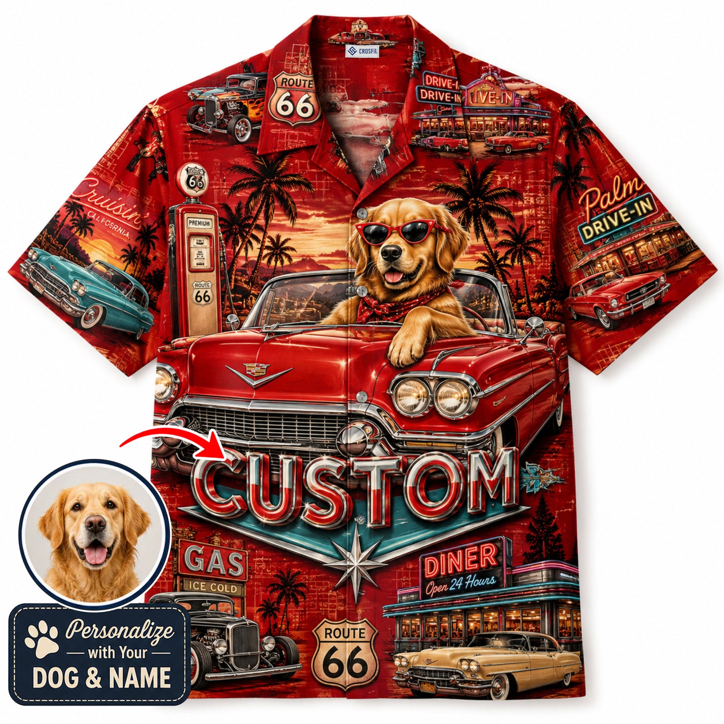 Custom Dog & Text Route 66 Hawaiian Shirt — Personalized Classic Car Vintage Diner Aloha