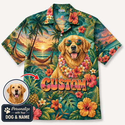 Custom Dog Text Tropical Paradise Hawaiian Shirt — Personalized Hibiscus Hammock Sunset Aloha