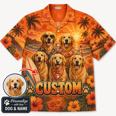 Custom Dog & Text Retro Beach Hawaiian Shirt — Personalized Vintage Surf Squad Sunset Aloha