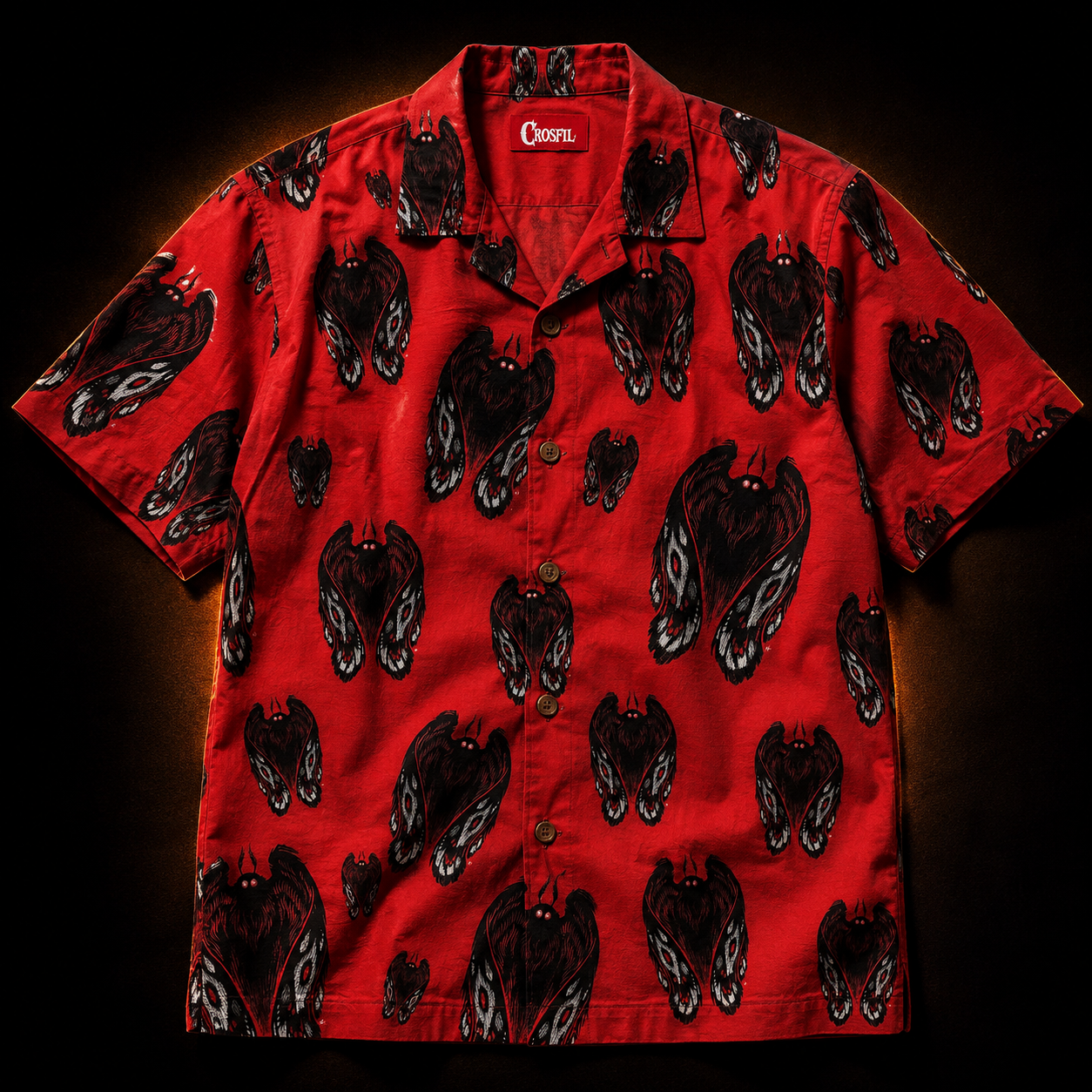 Crosfil Omen Hawaiian Shirt — Red Mothman Scratchboard Print