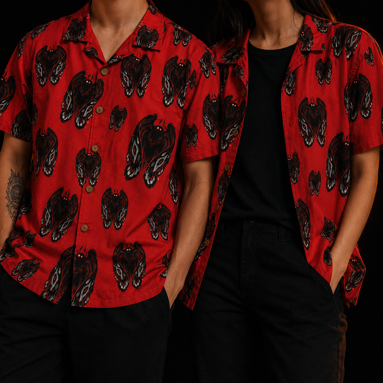 Crosfil Omen Hawaiian Shirt — Red Mothman Scratchboard Print