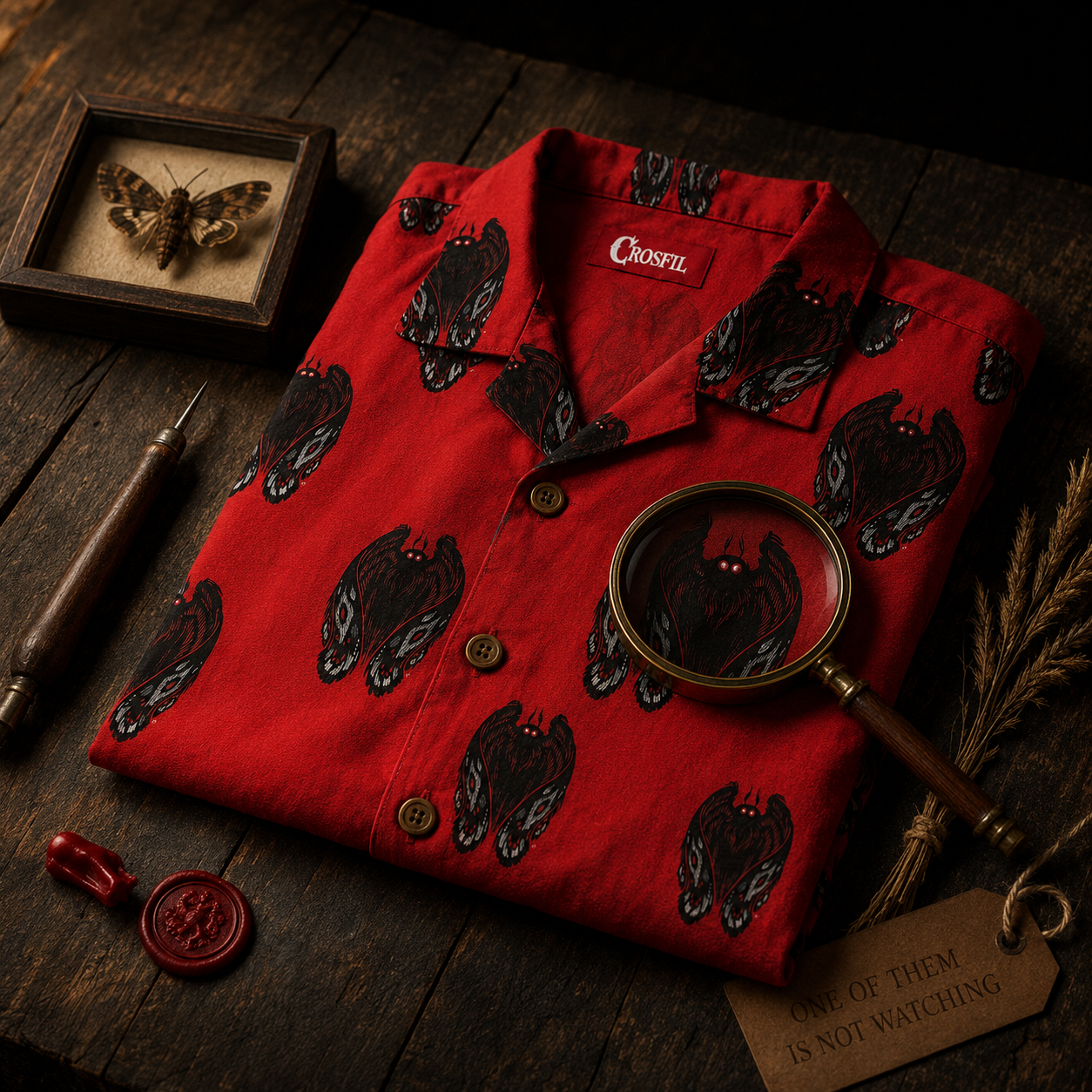 Crosfil Omen Hawaiian Shirt — Red Mothman Scratchboard Print