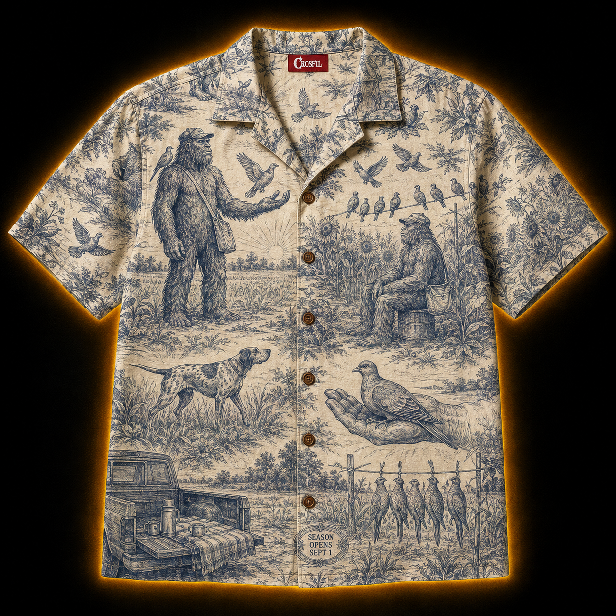 Crosfil Opening Day Hawaiian Shirt — Bigfoot Dove Hunt Toile Print