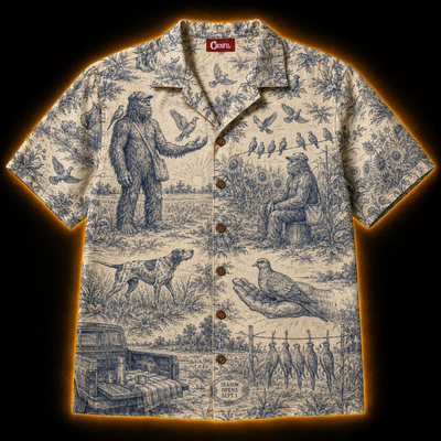 Crosfil Opening Day Hawaiian Shirt — Bigfoot Dove Hunt Toile Print