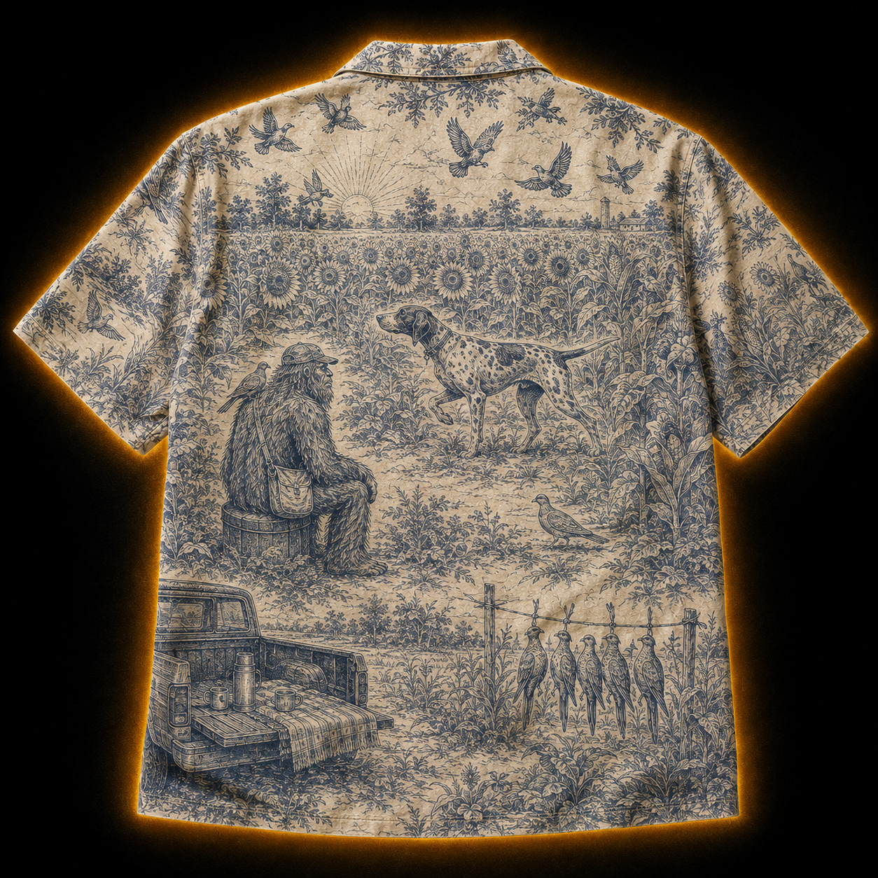 Crosfil Opening Day Hawaiian Shirt — Bigfoot Dove Hunt Toile Print