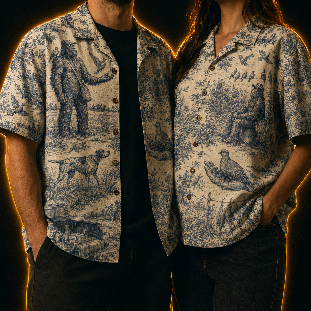 Crosfil Opening Day Hawaiian Shirt — Bigfoot Dove Hunt Toile Print