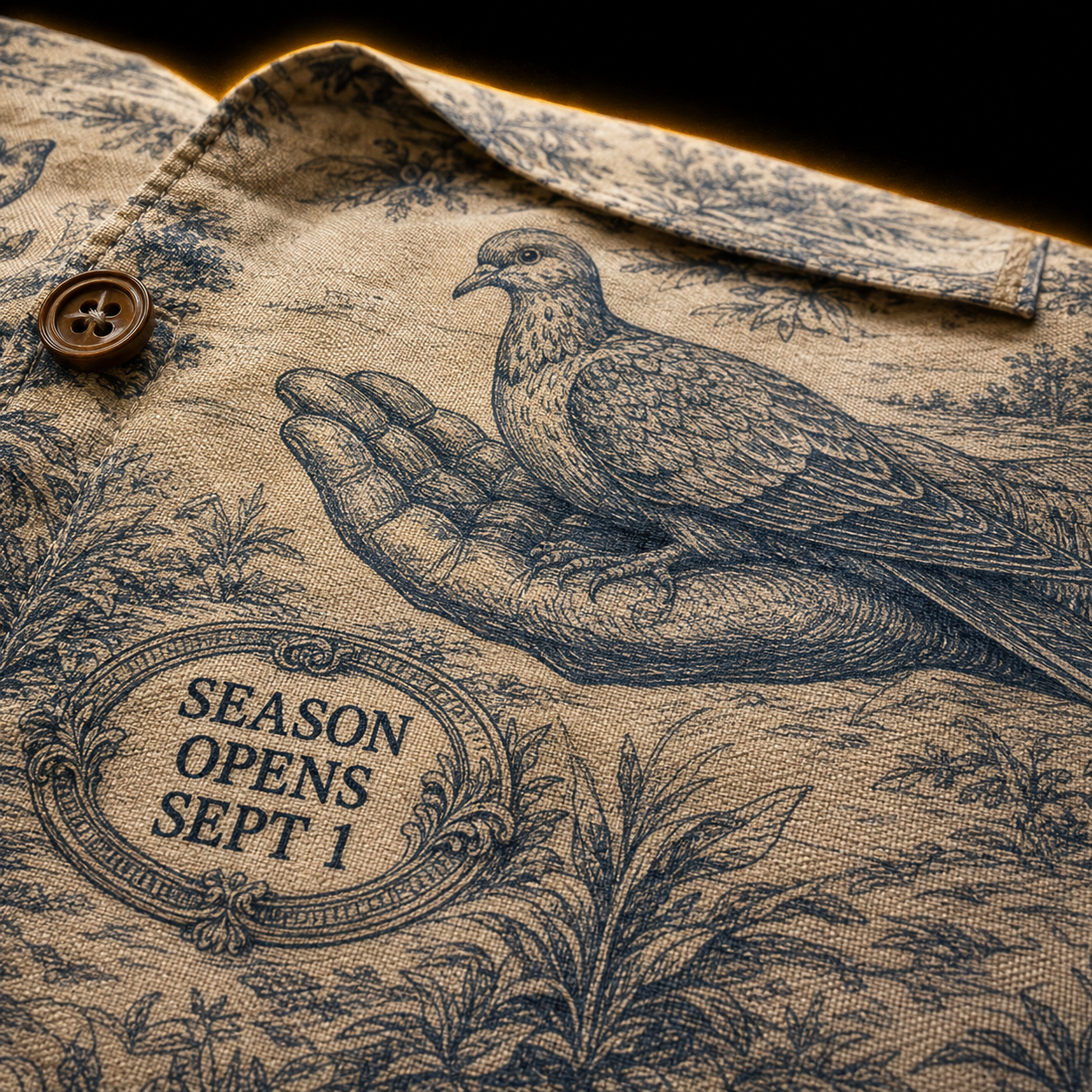 Crosfil Opening Day Hawaiian Shirt — Bigfoot Dove Hunt Toile Print