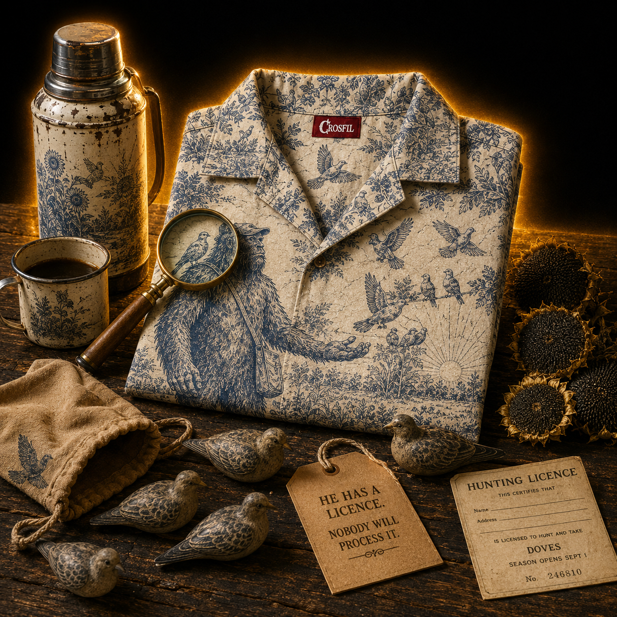 Crosfil Opening Day Hawaiian Shirt — Bigfoot Dove Hunt Toile Print