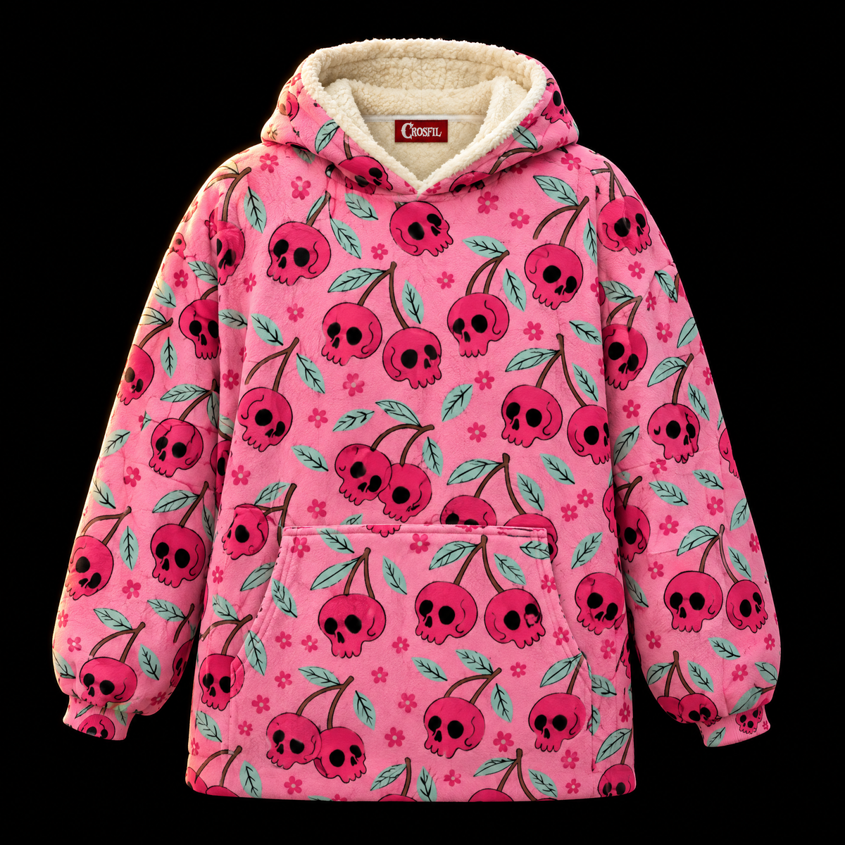 Pink Skull Cherries Unisex Hoodie Blanket — Skull Cherry Print
