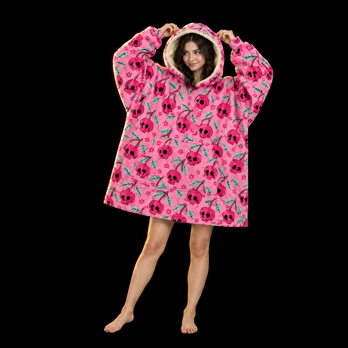 Pink Skull Cherries Unisex Hoodie Blanket — Skull Cherry Print