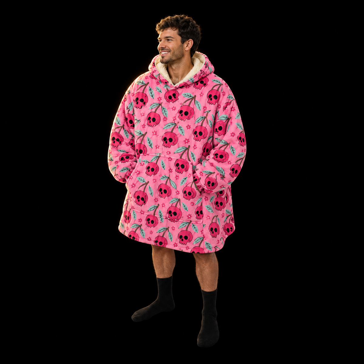 Pink Skull Cherries Unisex Hoodie Blanket — Skull Cherry Print