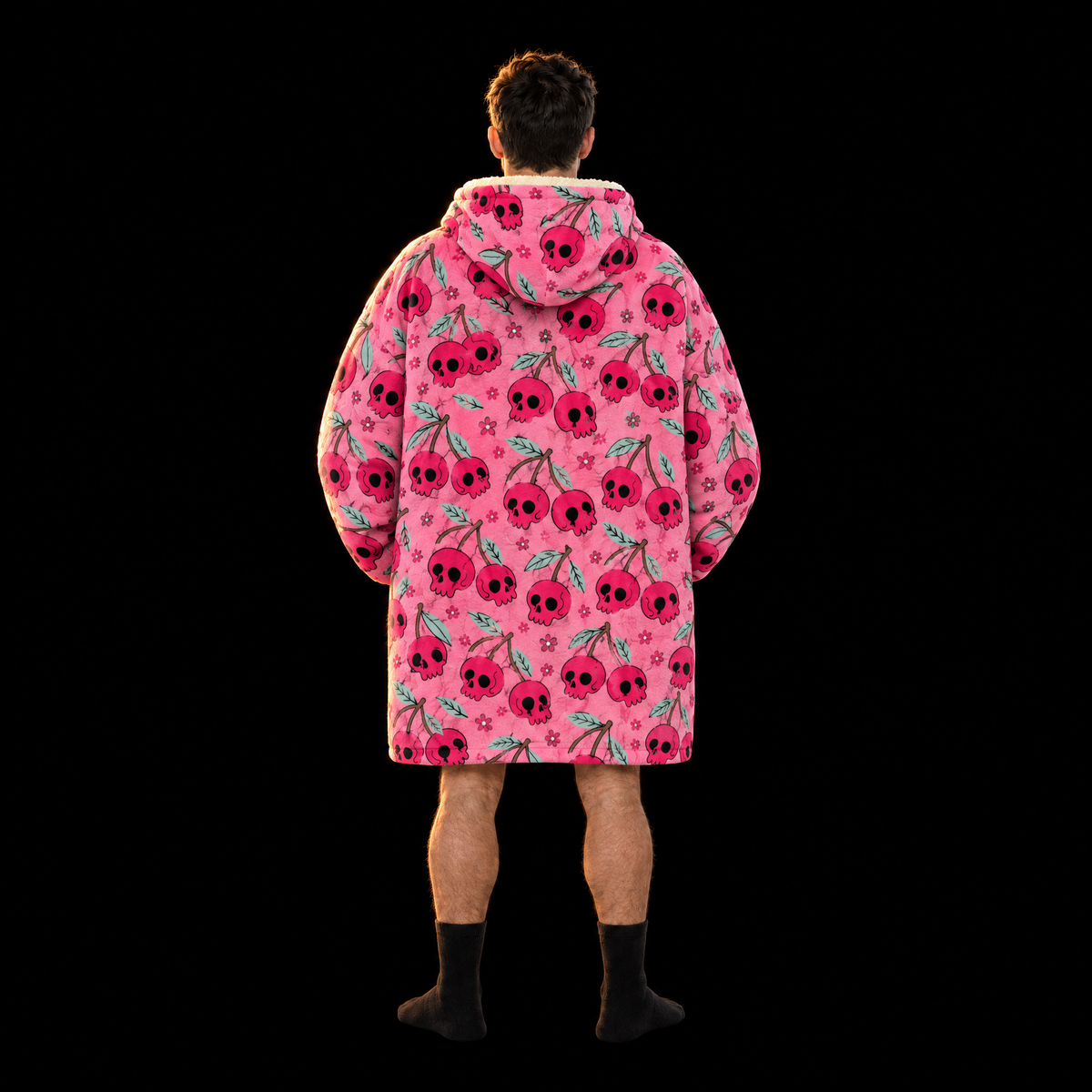 Pink Skull Cherries Unisex Hoodie Blanket — Skull Cherry Print