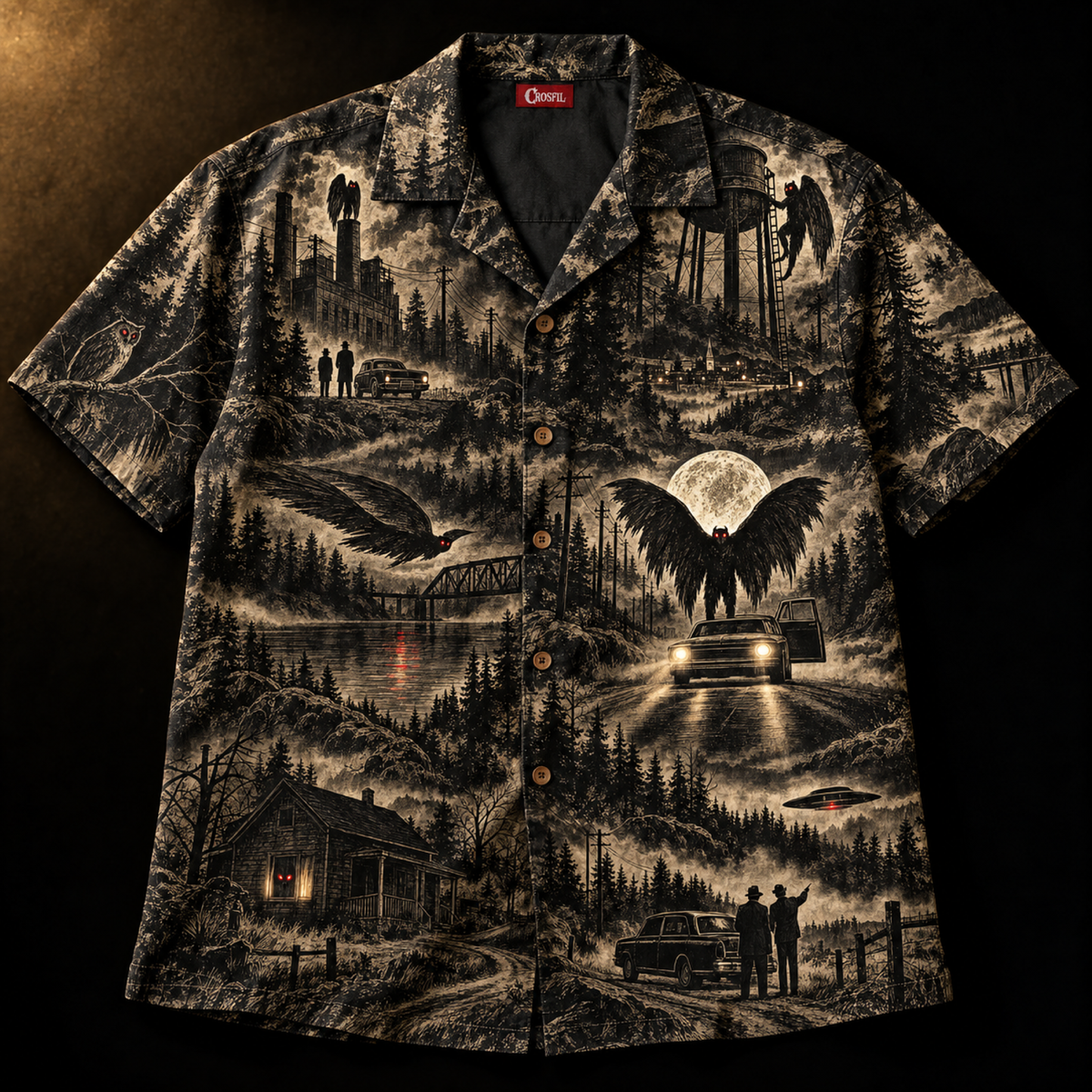 Point Pleasant 3D Hawaiian Shirt — Anaglyph Mothman Toile Print