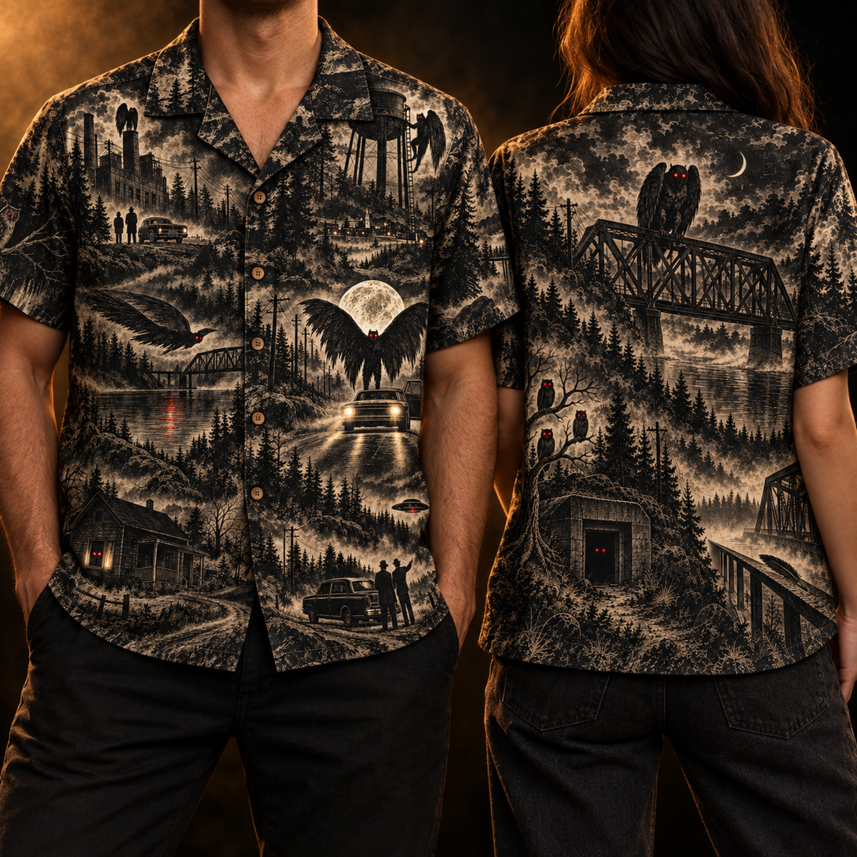 Point Pleasant 3D Hawaiian Shirt — Anaglyph Mothman Toile Print