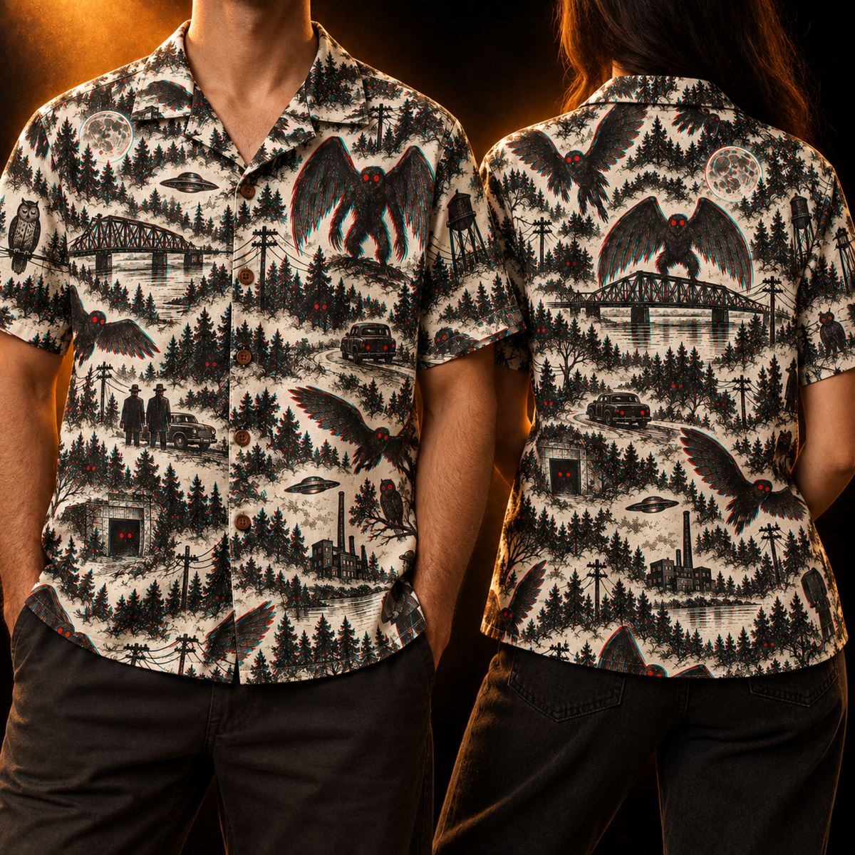 Point Pleasant 1966 Hawaiian Shirt — Mothman Night Toile Print
