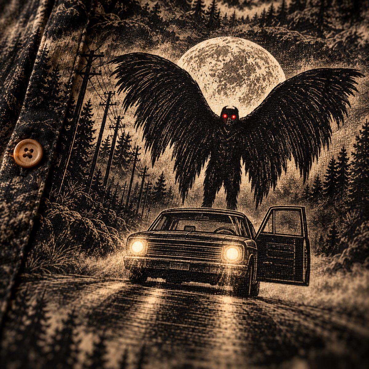 Point Pleasant 3D Hawaiian Shirt — Anaglyph Mothman Toile Print