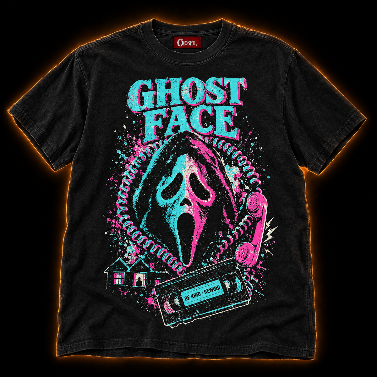 Prank Call black neon horror T-shirt — hooded masked killer framed by a coiled phone cord, VHS tape and lit windows
