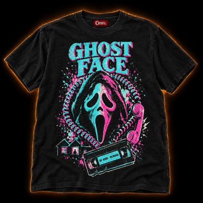 Prank Call black neon horror T-shirt — hooded masked killer framed by a coiled phone cord, VHS tape and lit windows