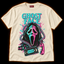 Prank Call ivory neon horror T-shirt — hooded masked killer framed by a coiled phone cord, VHS tape and lit windows