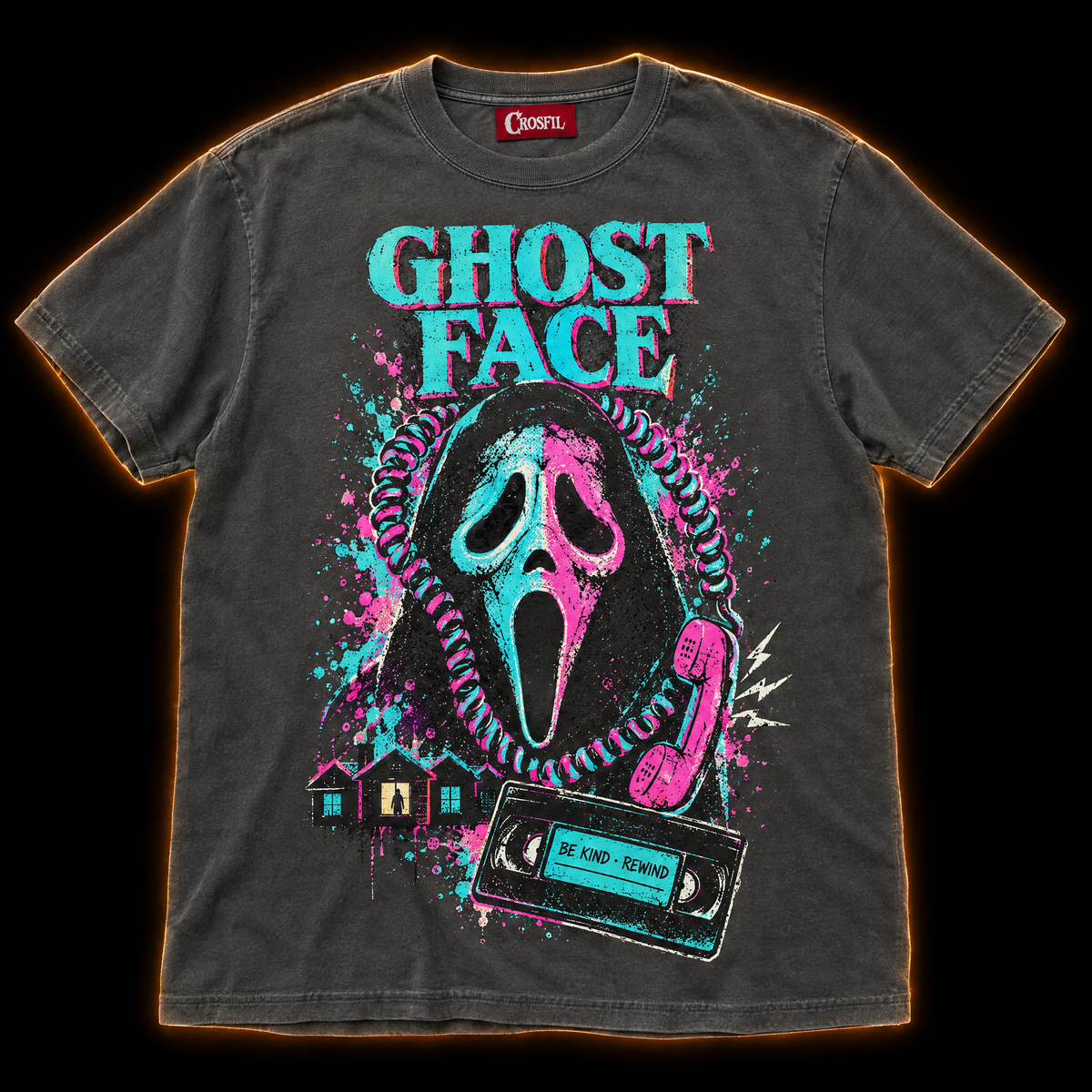 Prank Call pepper neon horror T-shirt — hooded masked killer framed by a coiled phone cord, VHS tape and lit windows
