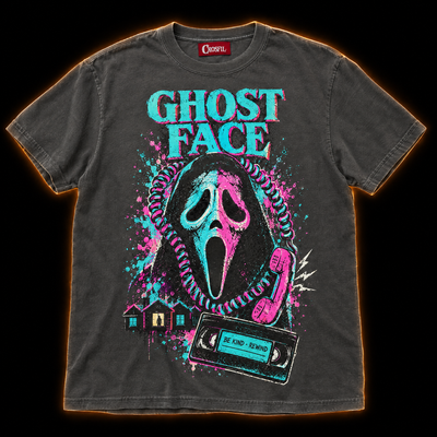Prank Call pepper neon horror T-shirt — hooded masked killer framed by a coiled phone cord, VHS tape and lit windows