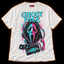 Prank Call white neon horror T-shirt — hooded masked killer framed by a coiled phone cord, VHS tape and lit windows