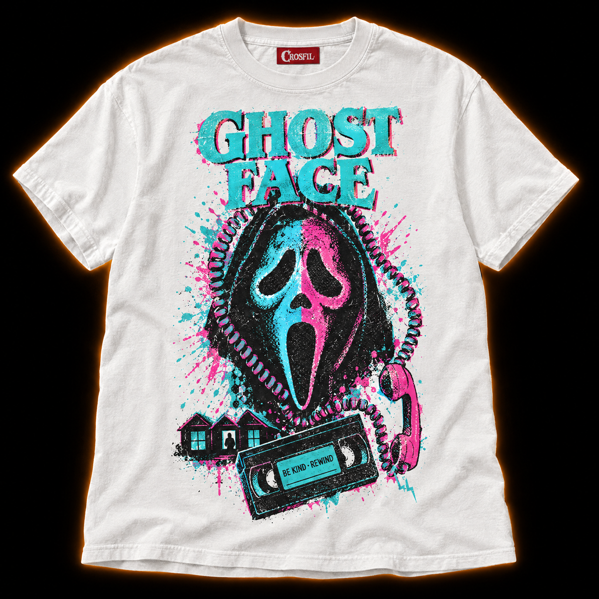 Prank Call white neon horror T-shirt — hooded masked killer framed by a coiled phone cord, VHS tape and lit windows