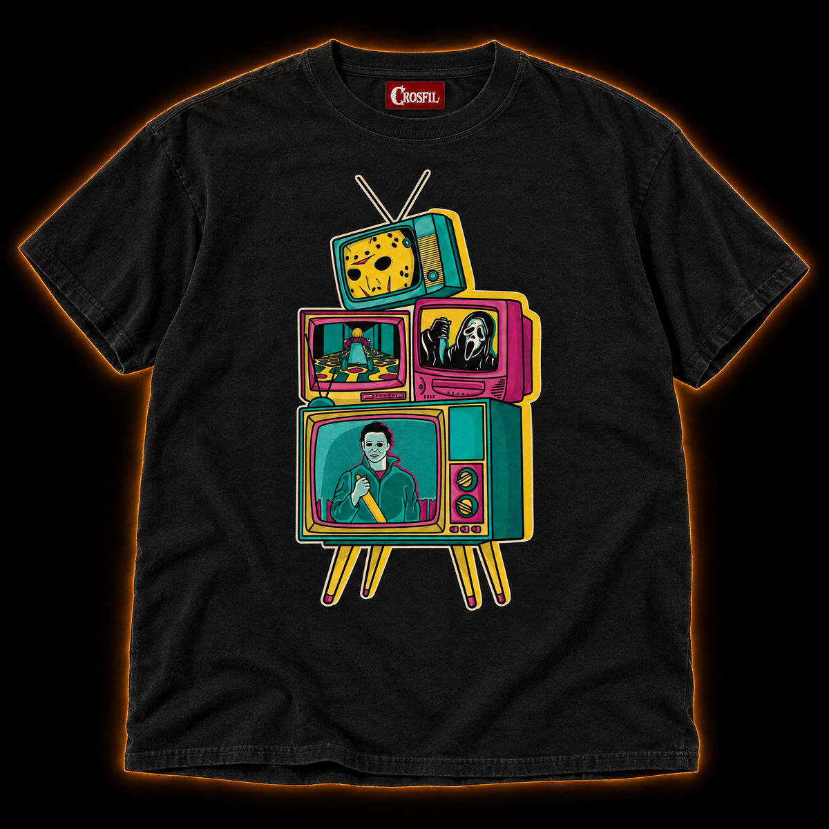 Prime Time Panic black T-shirt — retro pop art tv stack horror print