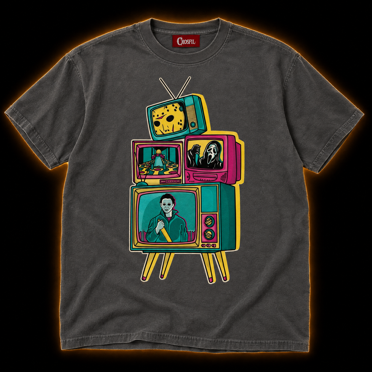 Prime Time Panic pepper T-shirt — retro pop art tv stack horror print