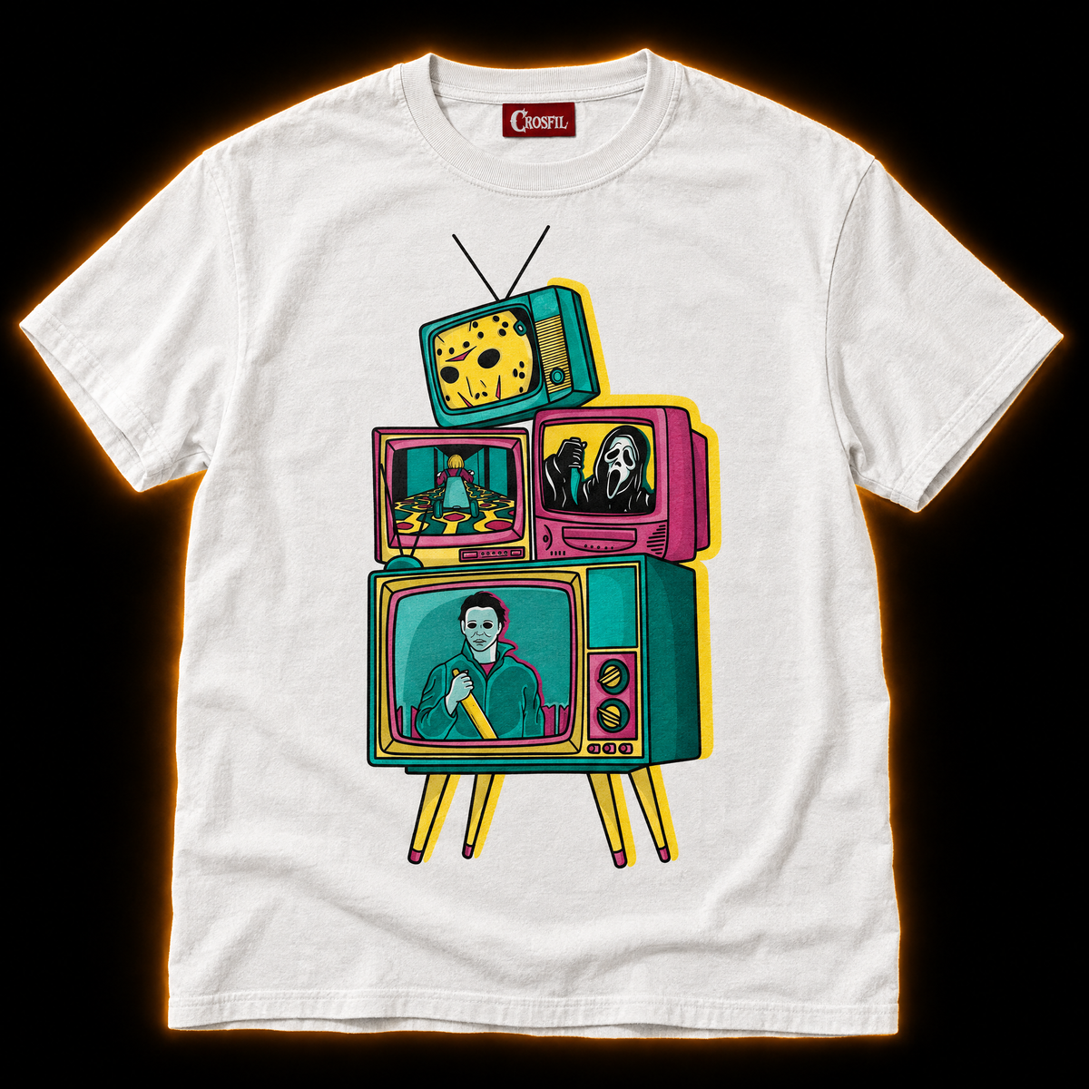 Prime Time Panic white T-shirt — retro pop art tv stack horror print