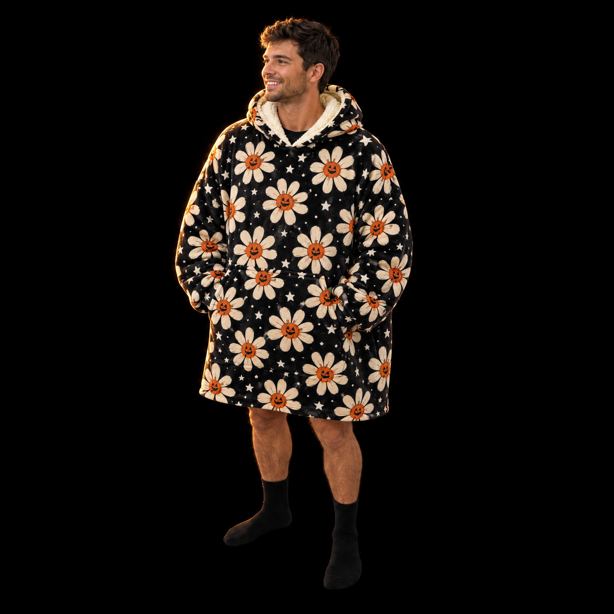 Pumpkin Daisies Unisex Hoodie Blanket — Jack-O'-Lantern Floral Print