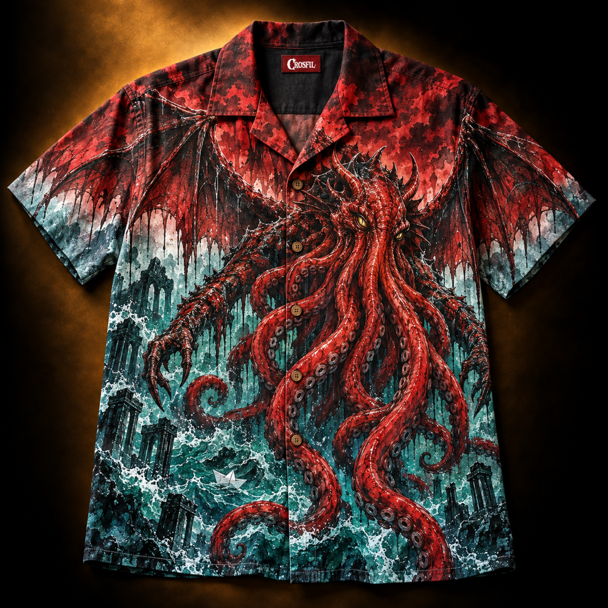 Red Tide Hawaiian Shirt — Crimson Sea God Print