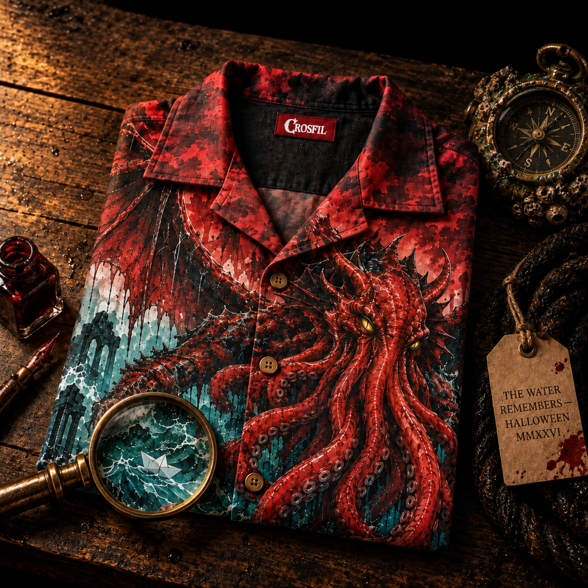 Red Tide Hawaiian Shirt — Crimson Sea God Print