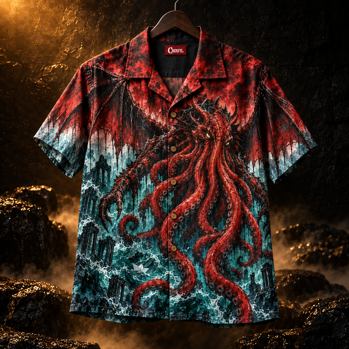 Red Tide Hawaiian Shirt — Crimson Sea God Print