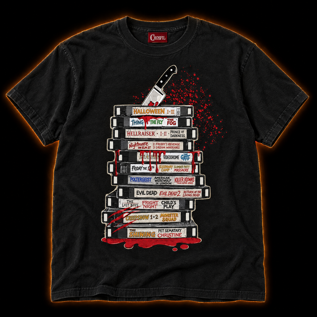 Rental Return black T-shirt — vintage vhs tape stack horror print