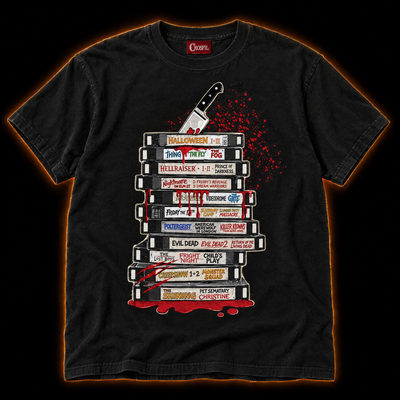 Rental Return black T-shirt — vintage vhs tape stack horror print