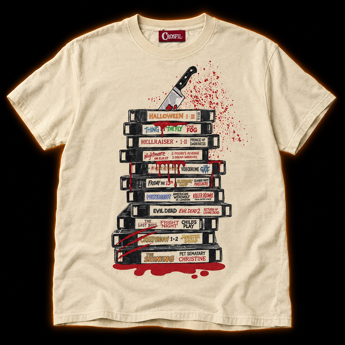 Rental Return ivory T-shirt — vintage vhs tape stack horror print