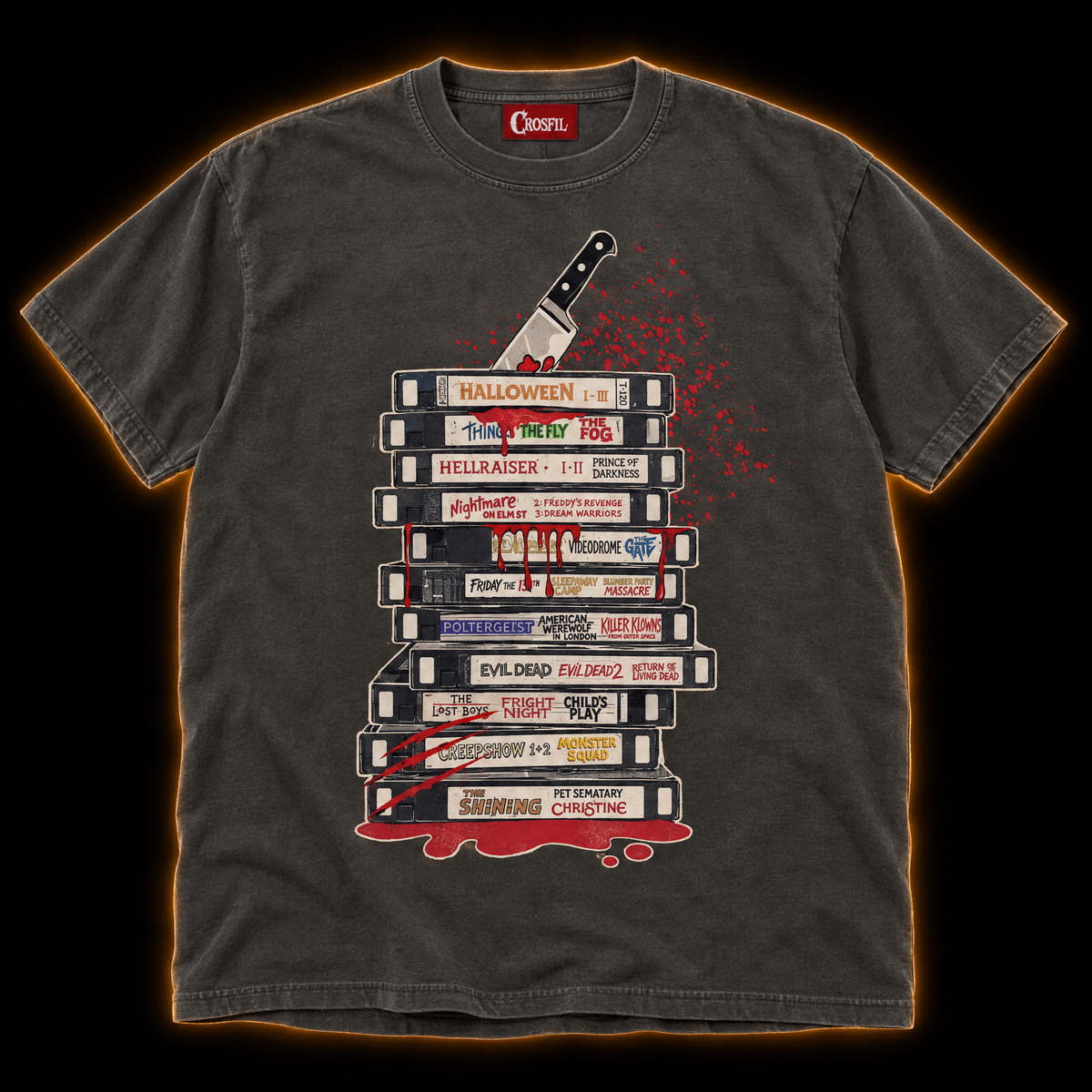 Rental Return pepper T-shirt — vintage vhs tape stack horror print