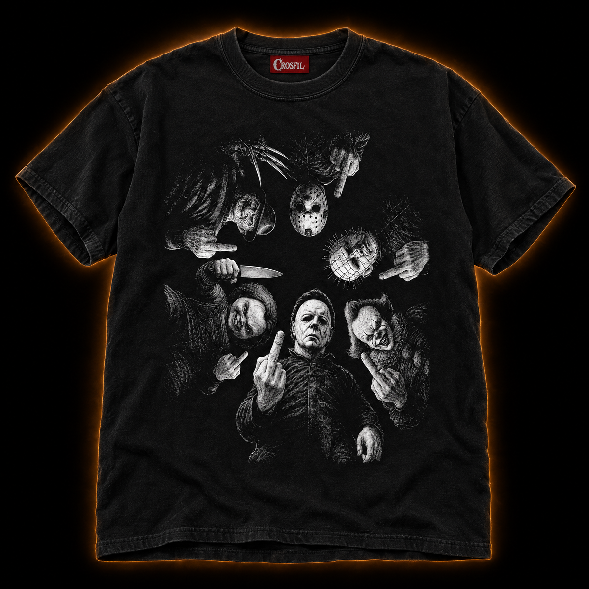 Rude Awakening black T-shirt — horror icons engraved scratchboard print