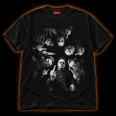 Rude Awakening black T-shirt — horror icons engraved scratchboard print