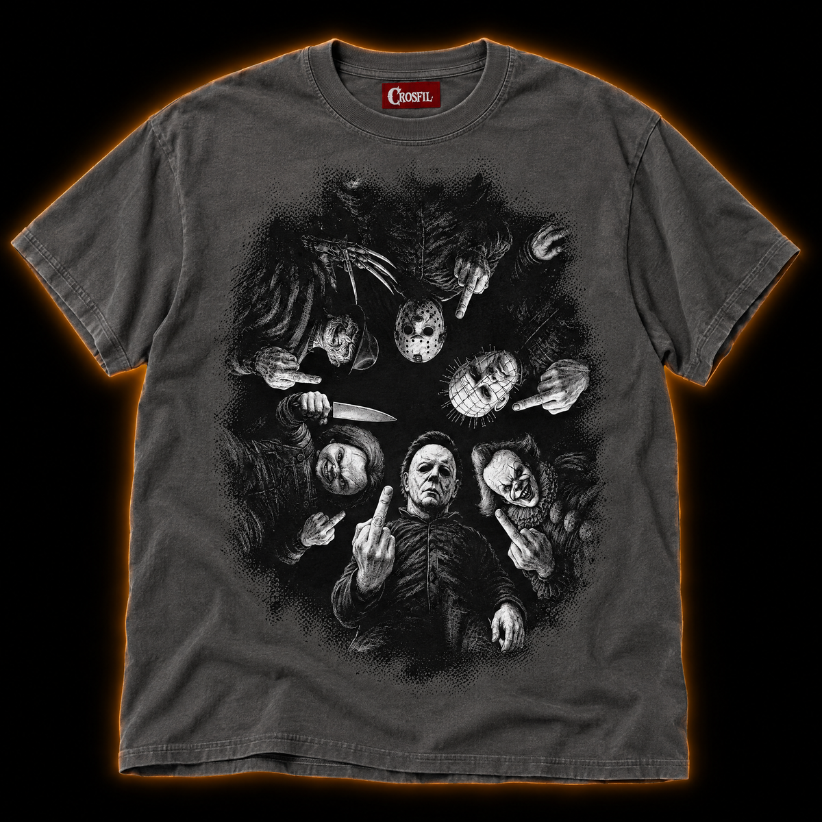 Rude Awakening pepper T-shirt — horror icons engraved scratchboard print