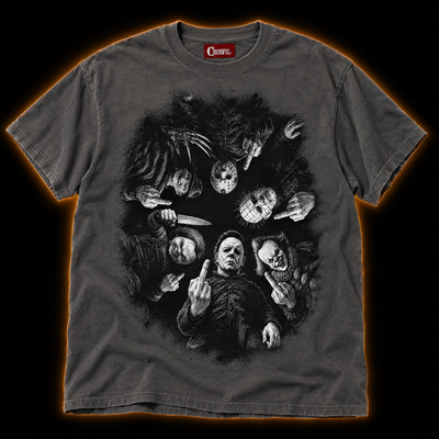 Rude Awakening pepper T-shirt — horror icons engraved scratchboard print